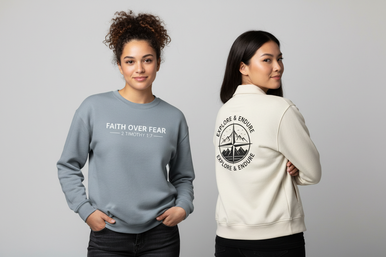 2 girls posing in front of light grey background. one has a grey blue crewneck sweater on with a short bible verse on it. The other is wearing a zip up jacket that has other medium sized custom design on it